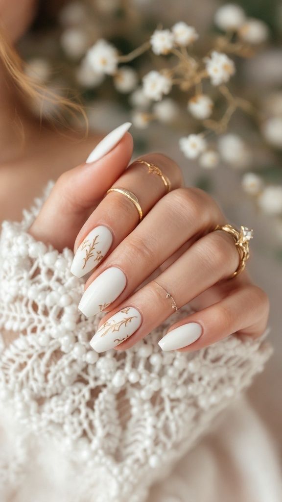 Elegant Milky White Coffin Nails with Gold Botanical Art