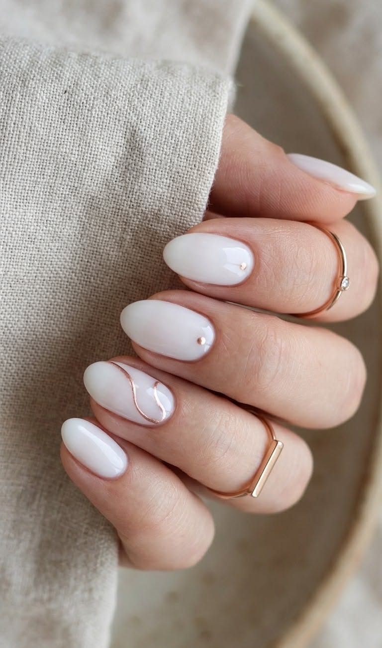 Chic Milky White Almond Nails with Rose Gold Minimalist Accents