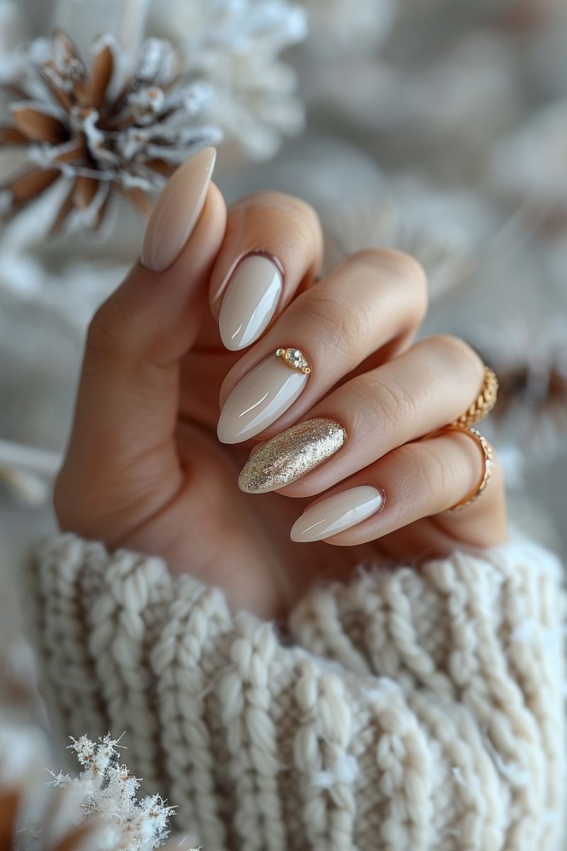 Elegant Beige & Gold Glitter Almond Nails with Rhinestone Accent