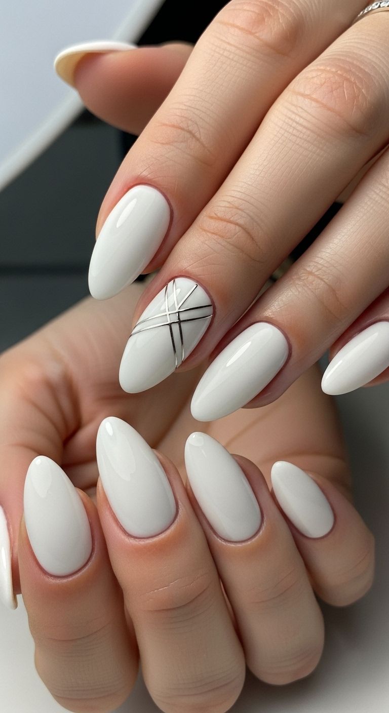 Elegant White Almond Nails with Geometric Silver & Black Line Art