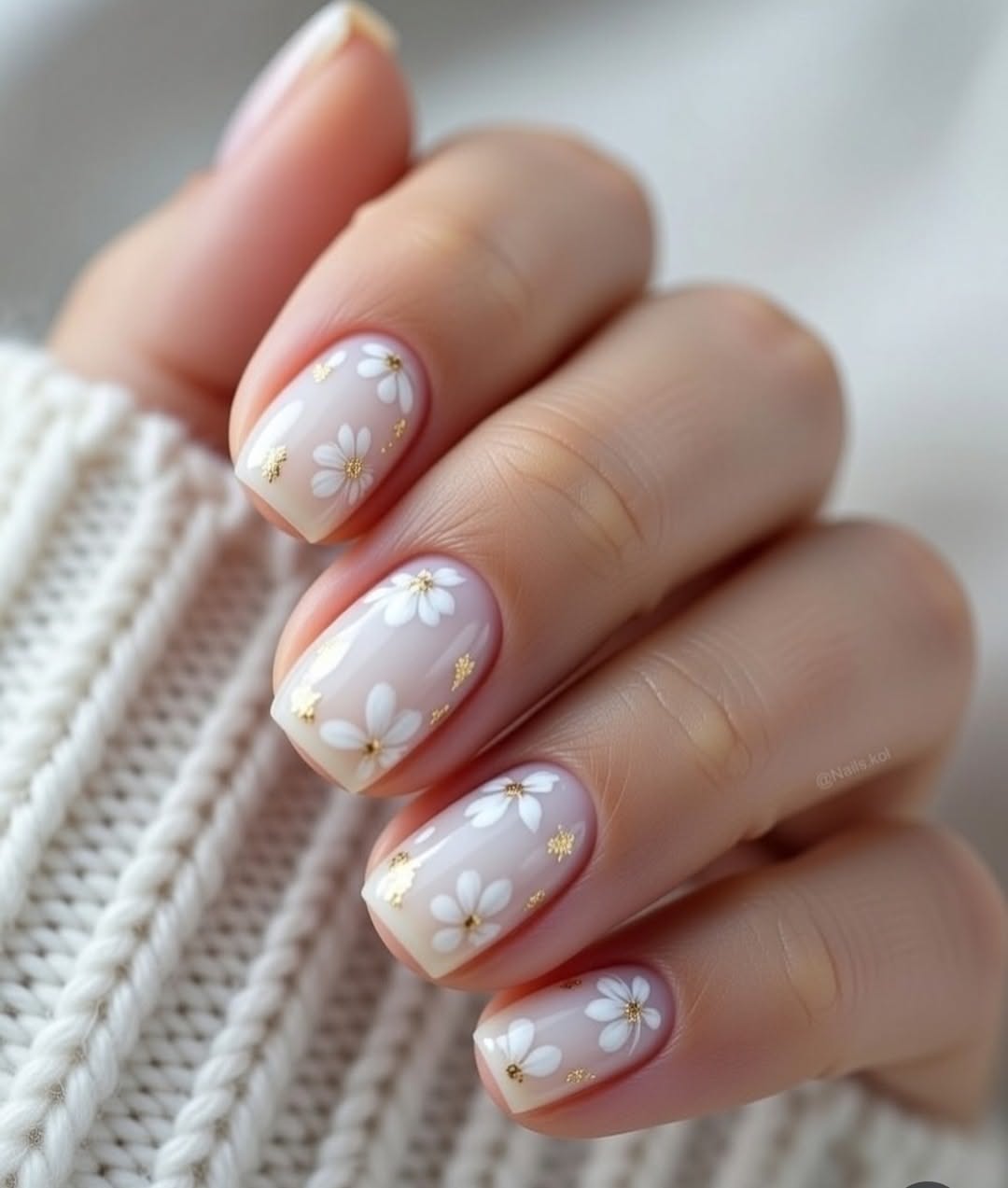 Delicate Daisy & Gold Flake Nails: Milky White Floral Manicure