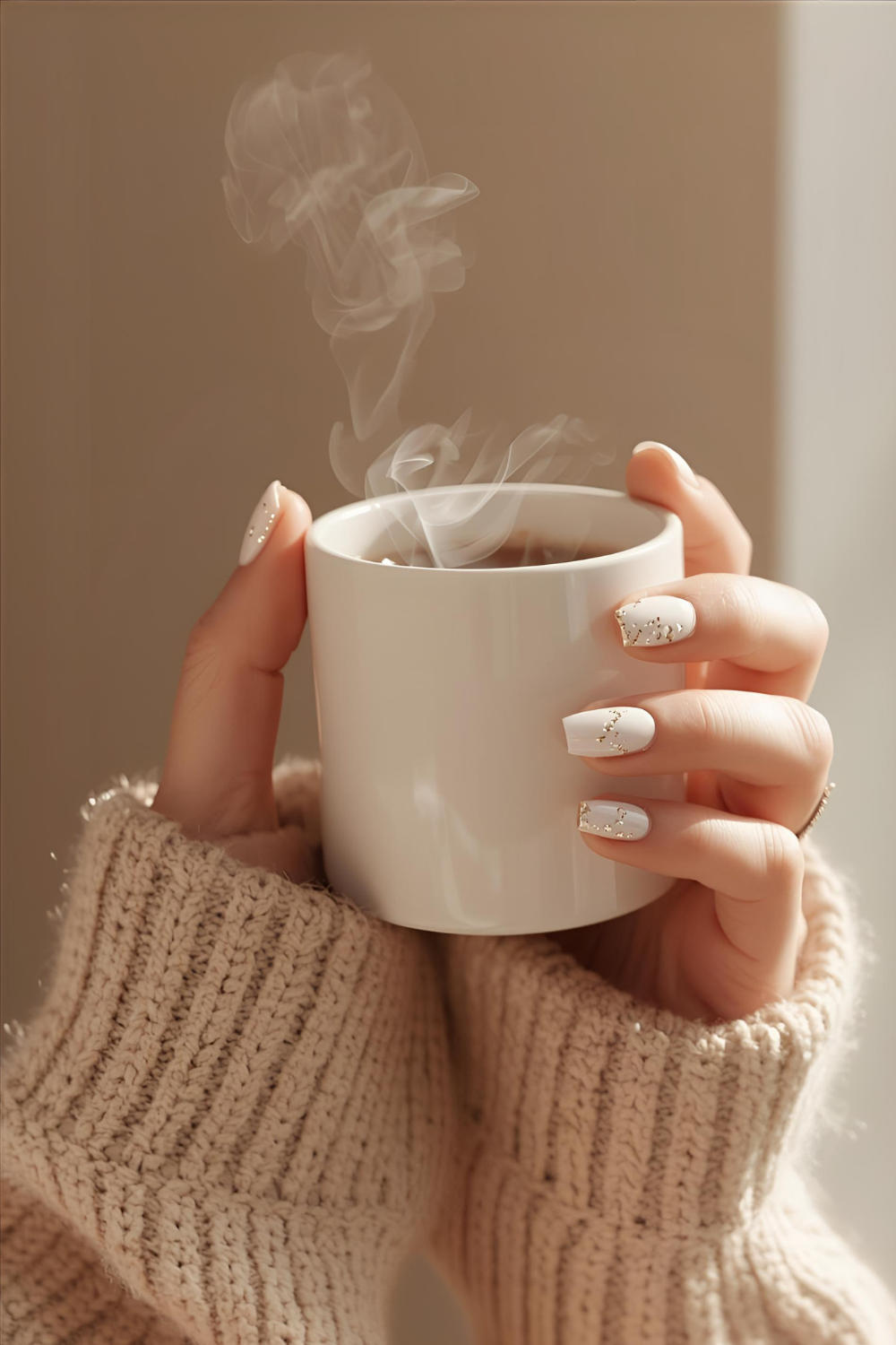 Elegant Milky White Nails with Gold Glitter: Chic Winter Manicure