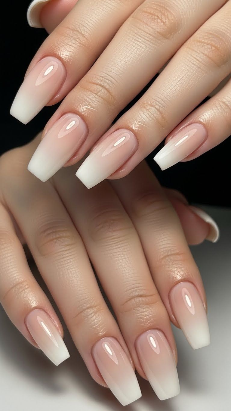 Elegant Coffin Ombre Nails: Milky White & Nude French Fade Manicure