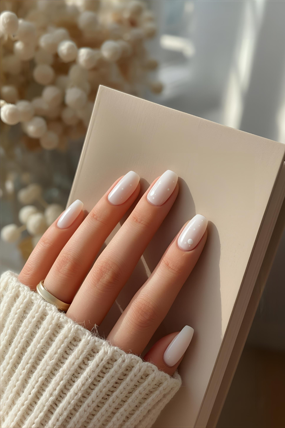 Chic Milky White Oval Manicure with Delicate Polka Dot Design