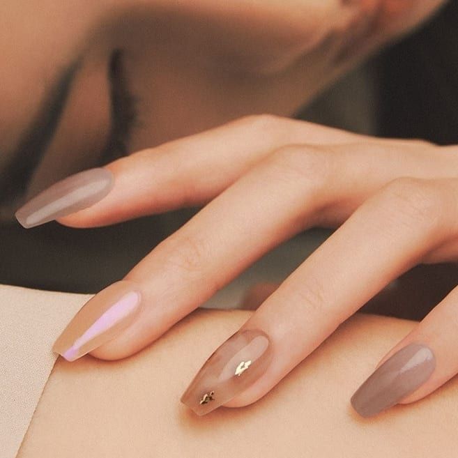 Elegant Taupe Coffin Nails with Iridescent & Gold Flake Accents