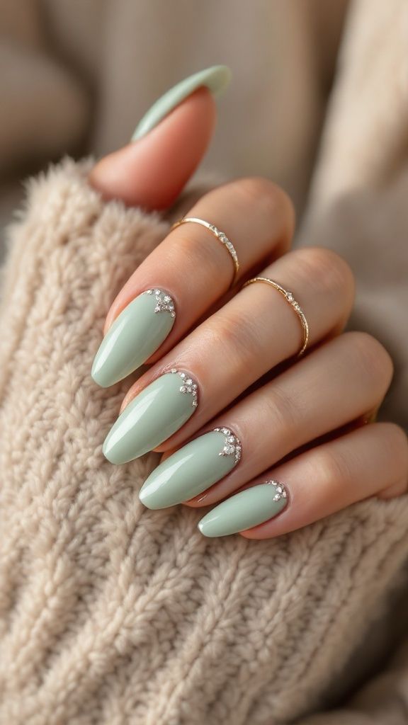 Elegant Sage Green Almond Nails with Rhinestone Cuticle Design