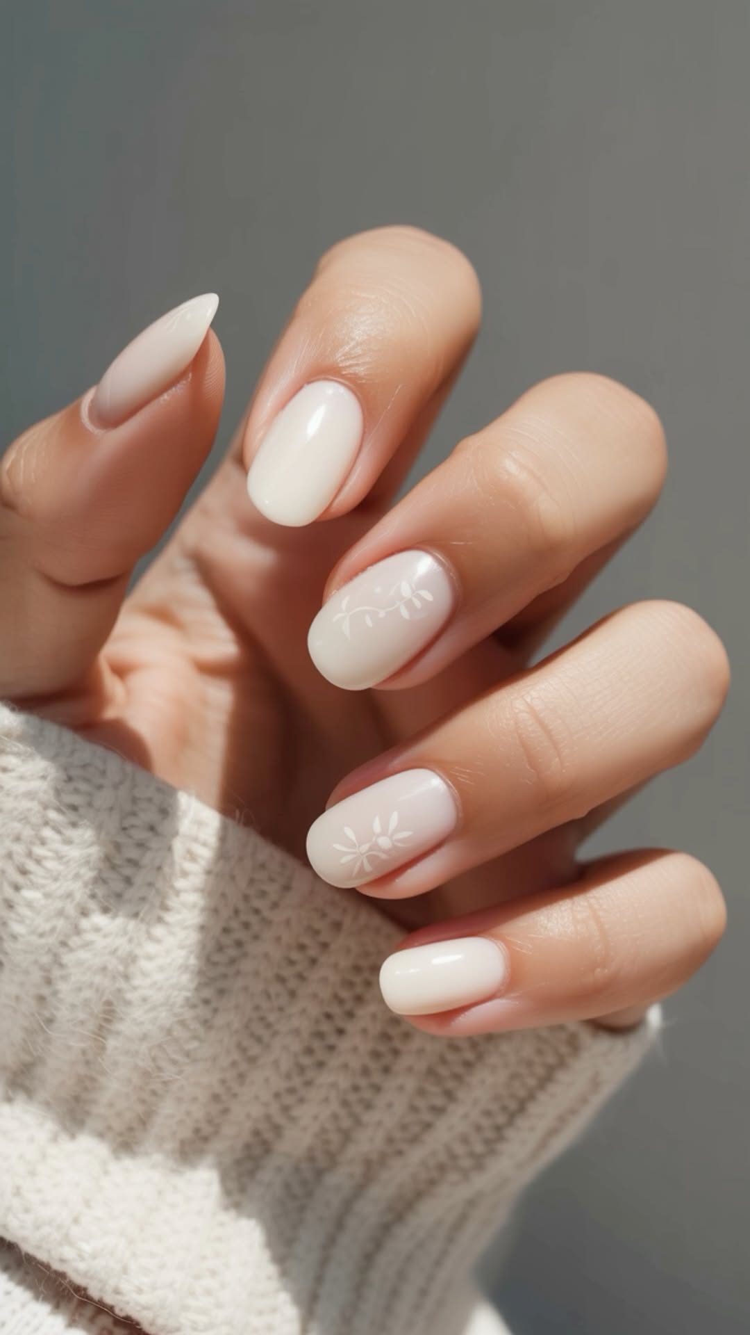Elegant Milky White Oval Nails with Delicate Floral Art