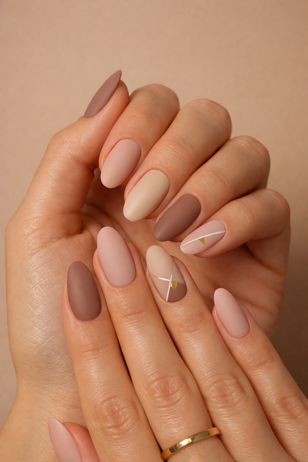 Matte Neutral Geometric Nails: Chic Brown & Beige Almond Manicure