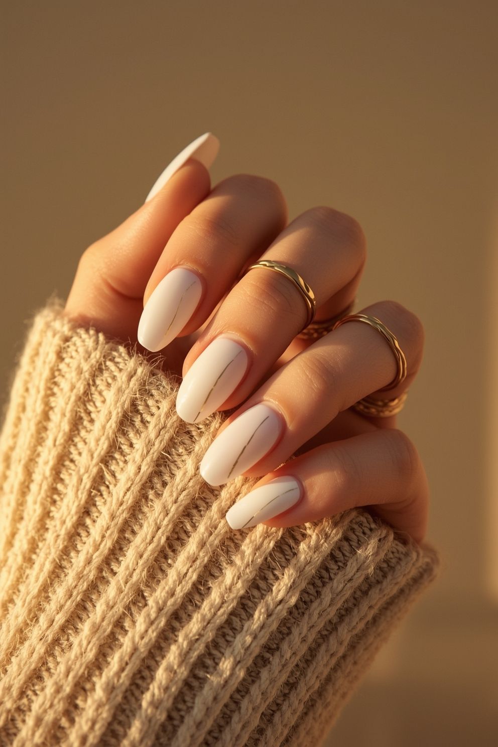 Chic Milky White Almond Nails with Minimalist Gold Line Art
