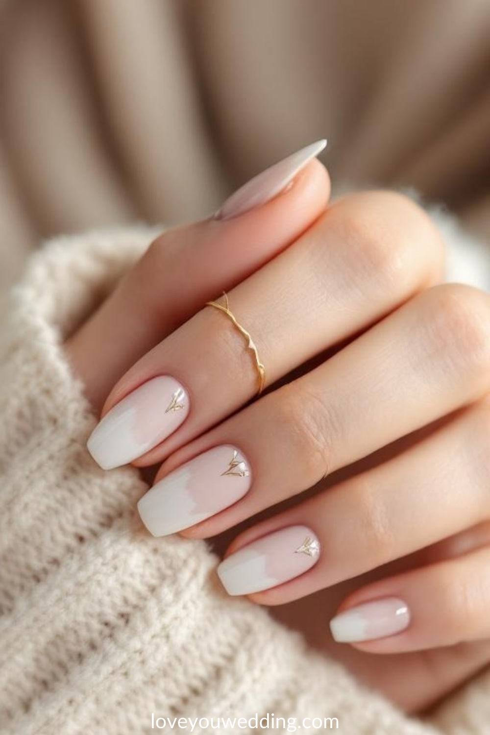 Elegant Milky White Ombre Nails with Gold Accents | Minimalist Manicure