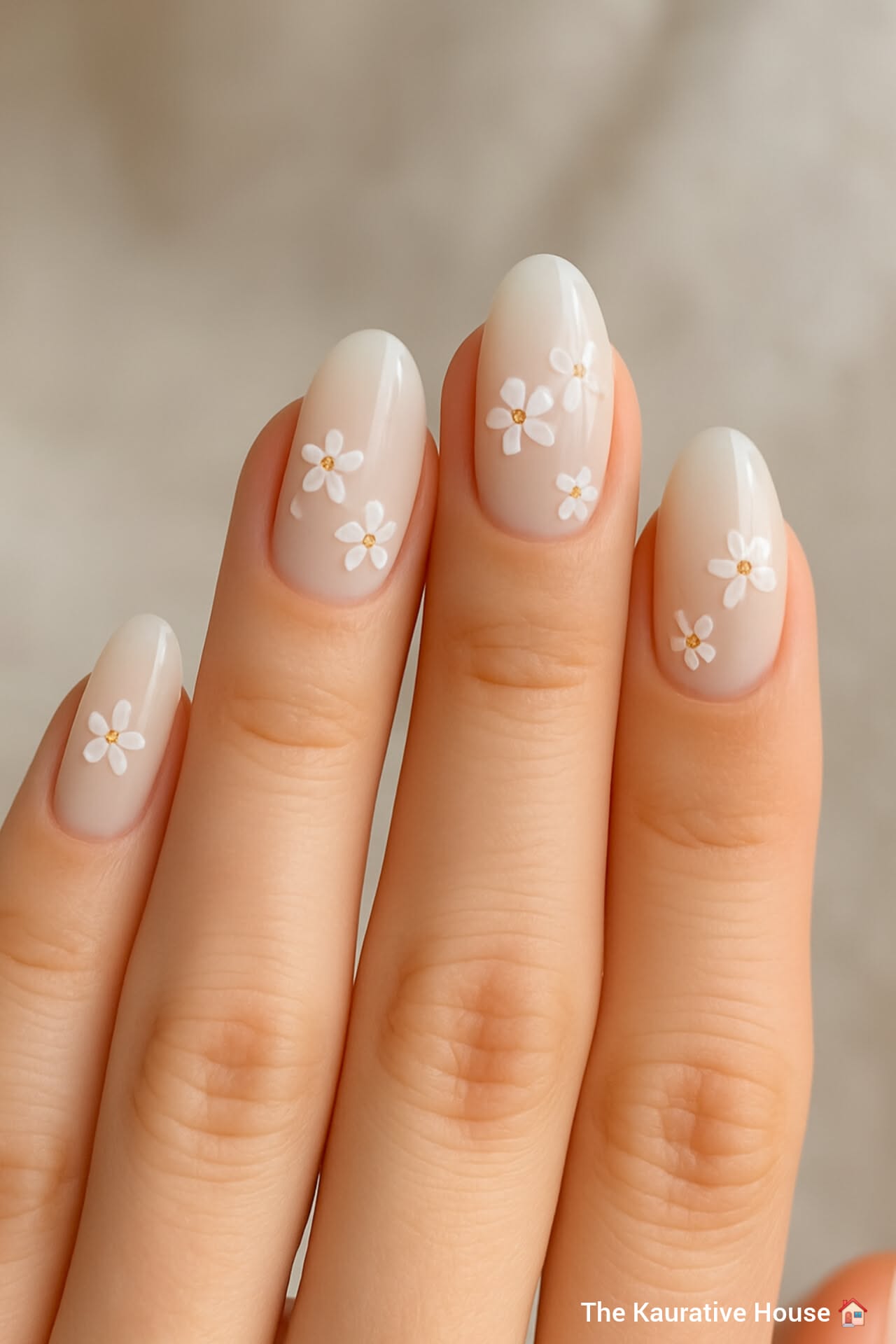 Elegant Milky White Oval Nails with Delicate Daisy Floral Art