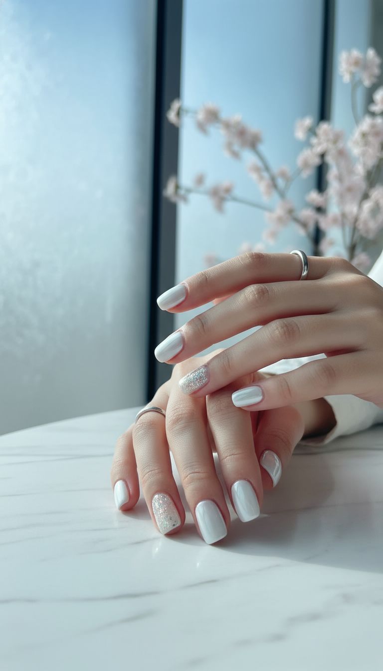 Elegant Milky White & Glitter Accent Nails: Chic Minimalist Manicure