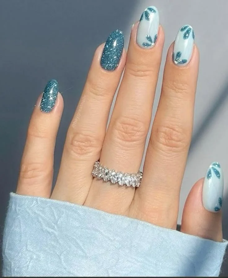 Teal Glitter & Leaf Nail Art: Fresh Summer Almond Mani