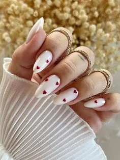 White Almond Nails with Red Heart Design | Cute & Romantic Mani
