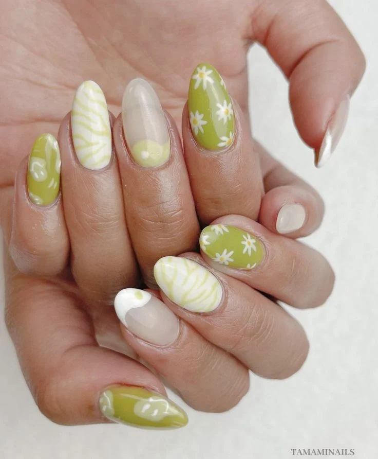 Fresh Green Daisy & Abstract Swirl Almond Nails for Summer