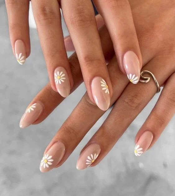 Nude Daisy Nail Art: Fresh & Minimalist Almond Nails for Summer