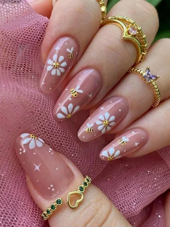Whimsical Daisy & Bee Nude Almond Nails for Summer