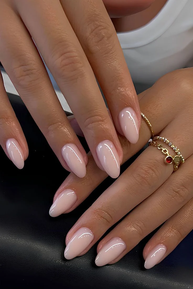 Milky Pink Almond Nails with Minimal Dot Design | Clean Girl Aesthetic