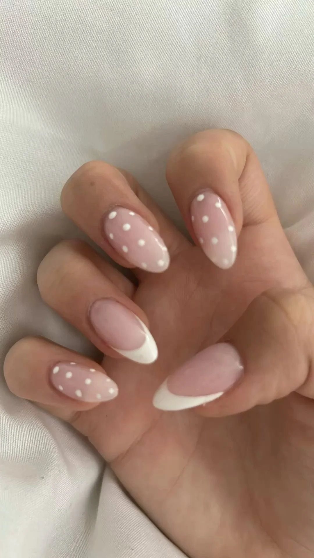 Chic Polka Dot & French Tip Nails: Pink & White Almond Mani