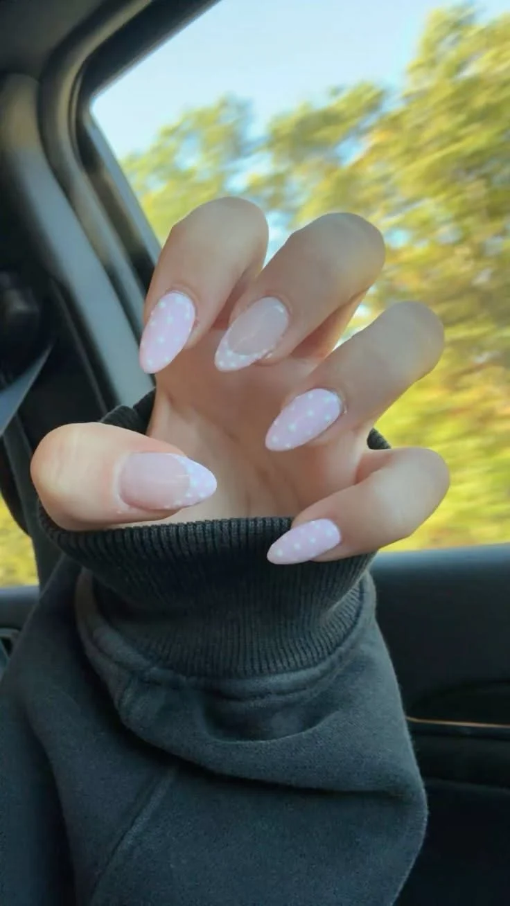 Sweet Pink Polka Dot & French Tip Almond Nails