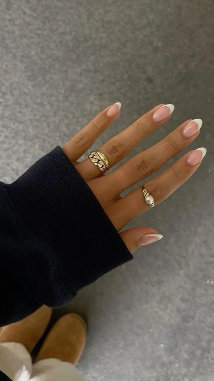 Classic French Tip Almond Nails: Elegant Nude & White Manicure
