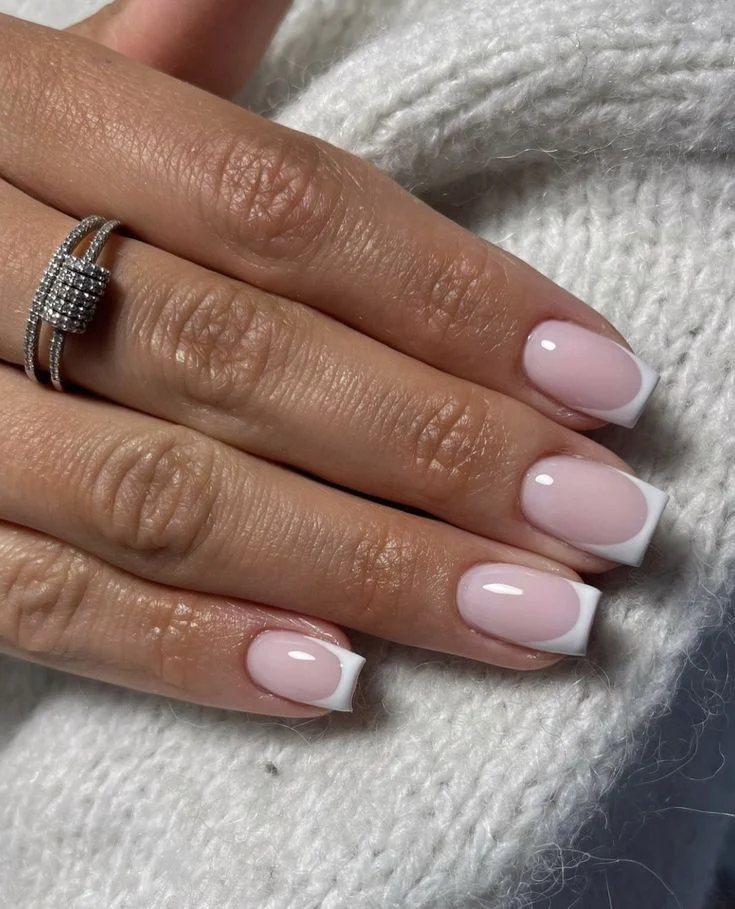 Classic French Tip Nails: Elegant Milky Pink & White Manicure