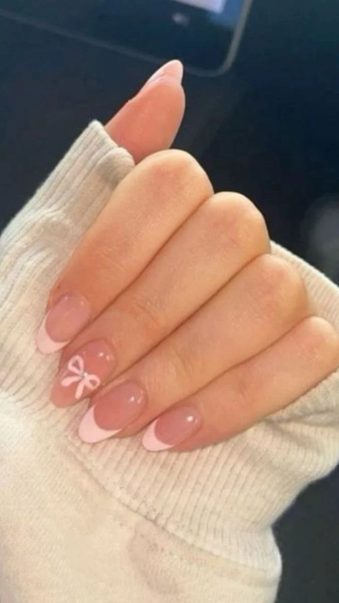Cute Pink French Tip Nails with Bow Accent | Minimalist Mani