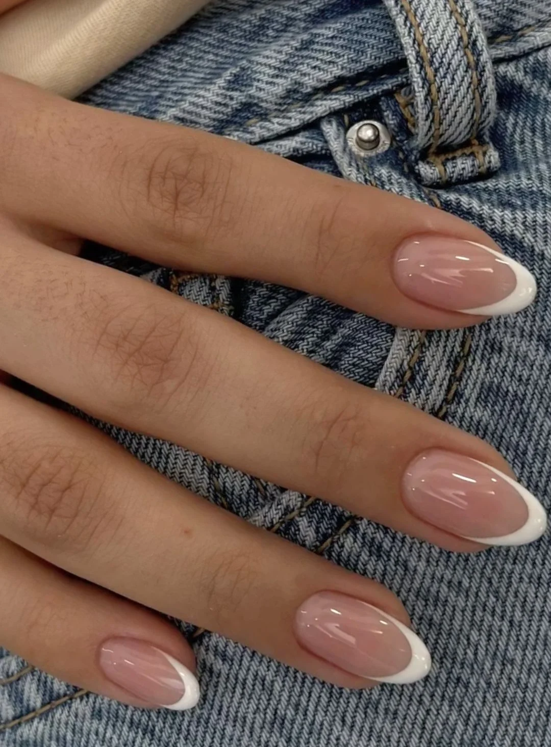 Timeless French Manicure: Sheer Pink & White Oval Nails