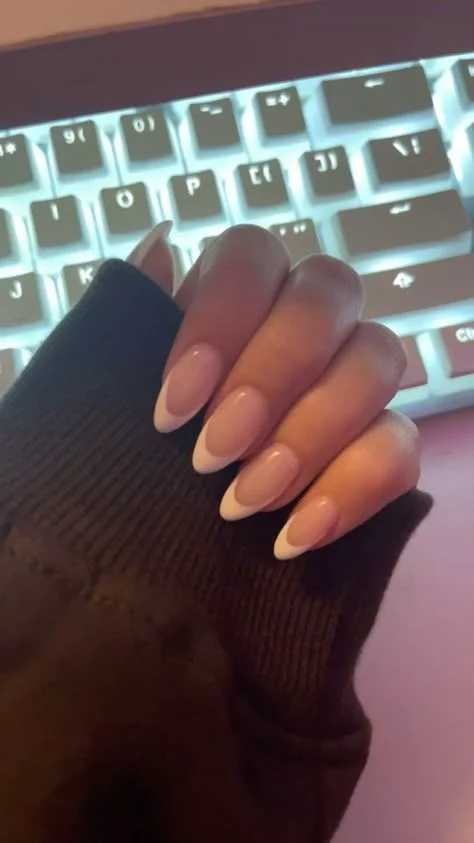 Classic French Manicure Almond Nails with Nude & White Tips