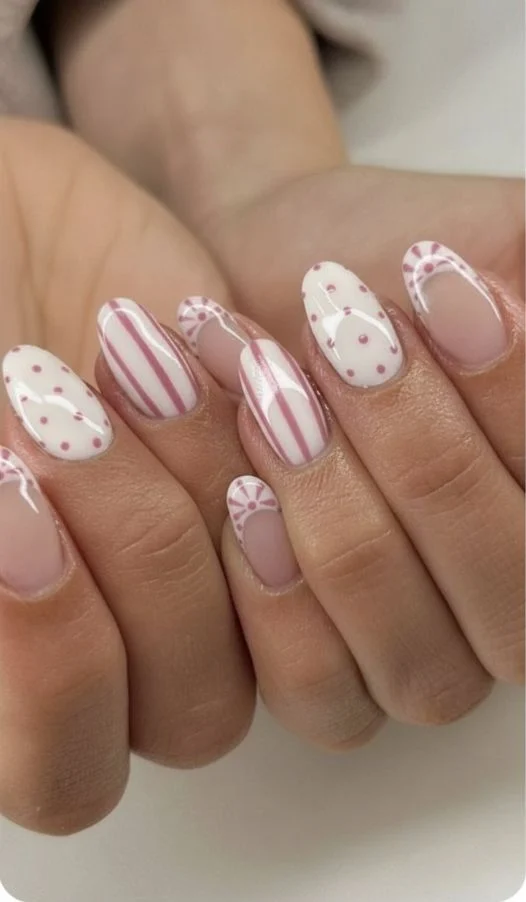 Chic White & Pink Polka Dot & Stripe Nail Art with Elegant French Tips