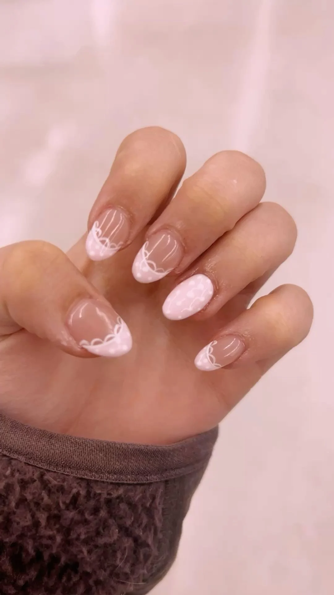 Elegant White Lace French Tip & Polka Dot Almond Nails