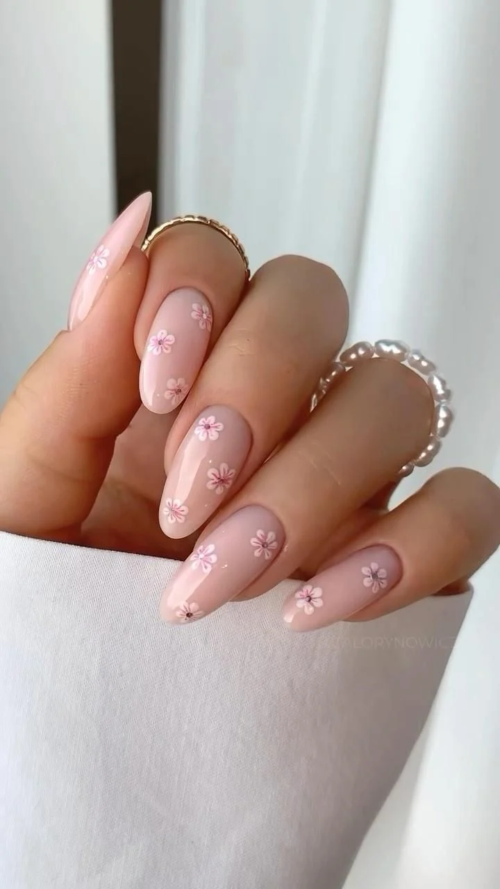 Delicate Pink Floral Almond Nails for Spring & Summer