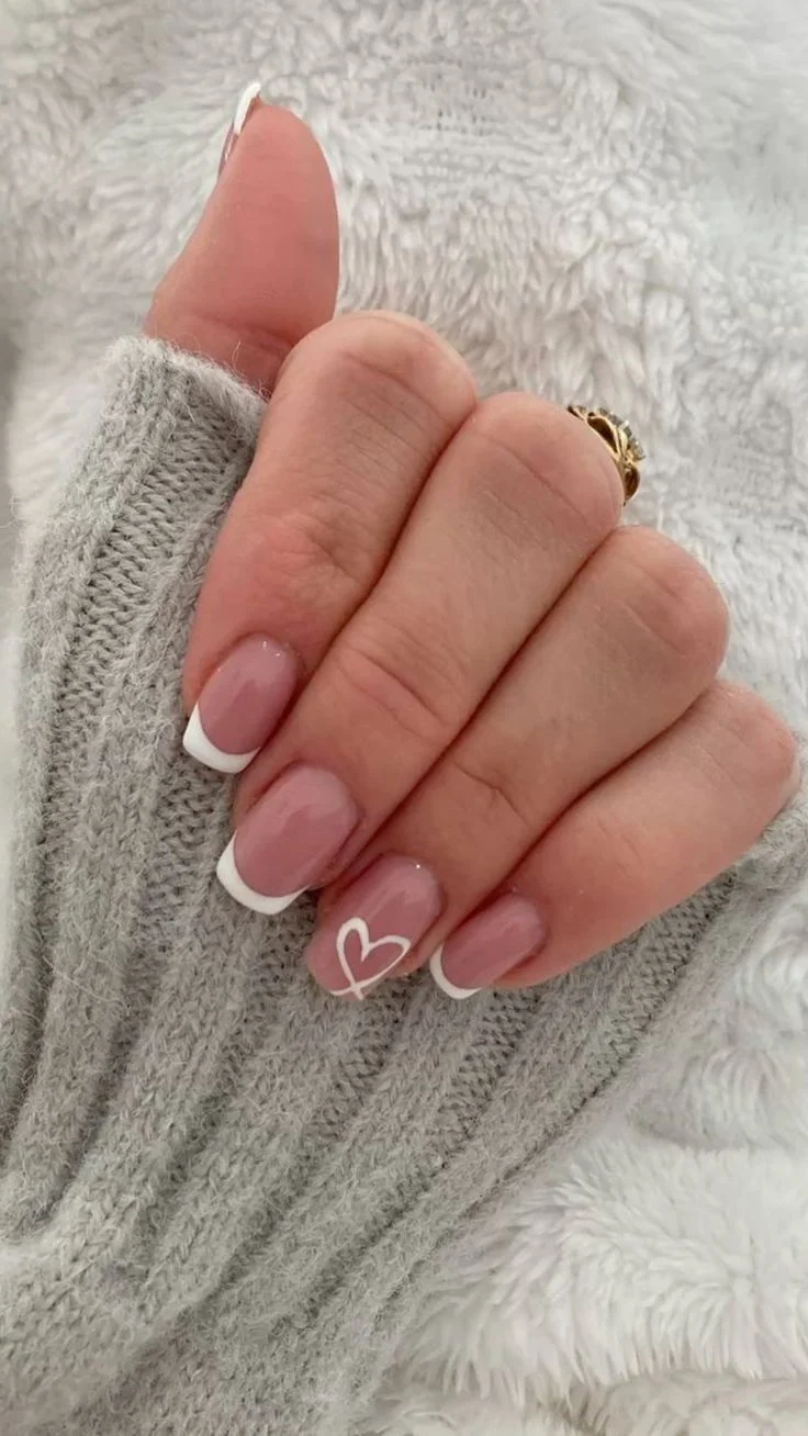 Sweet French Tip Nails with Heart Accent | Minimalist Pink & White Mani