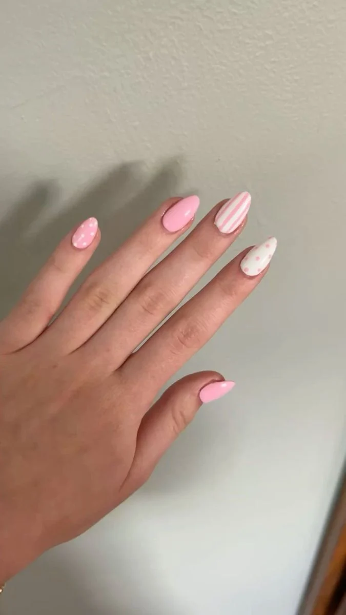 Playful Pink & White Almond Nails with Stripes & Dots