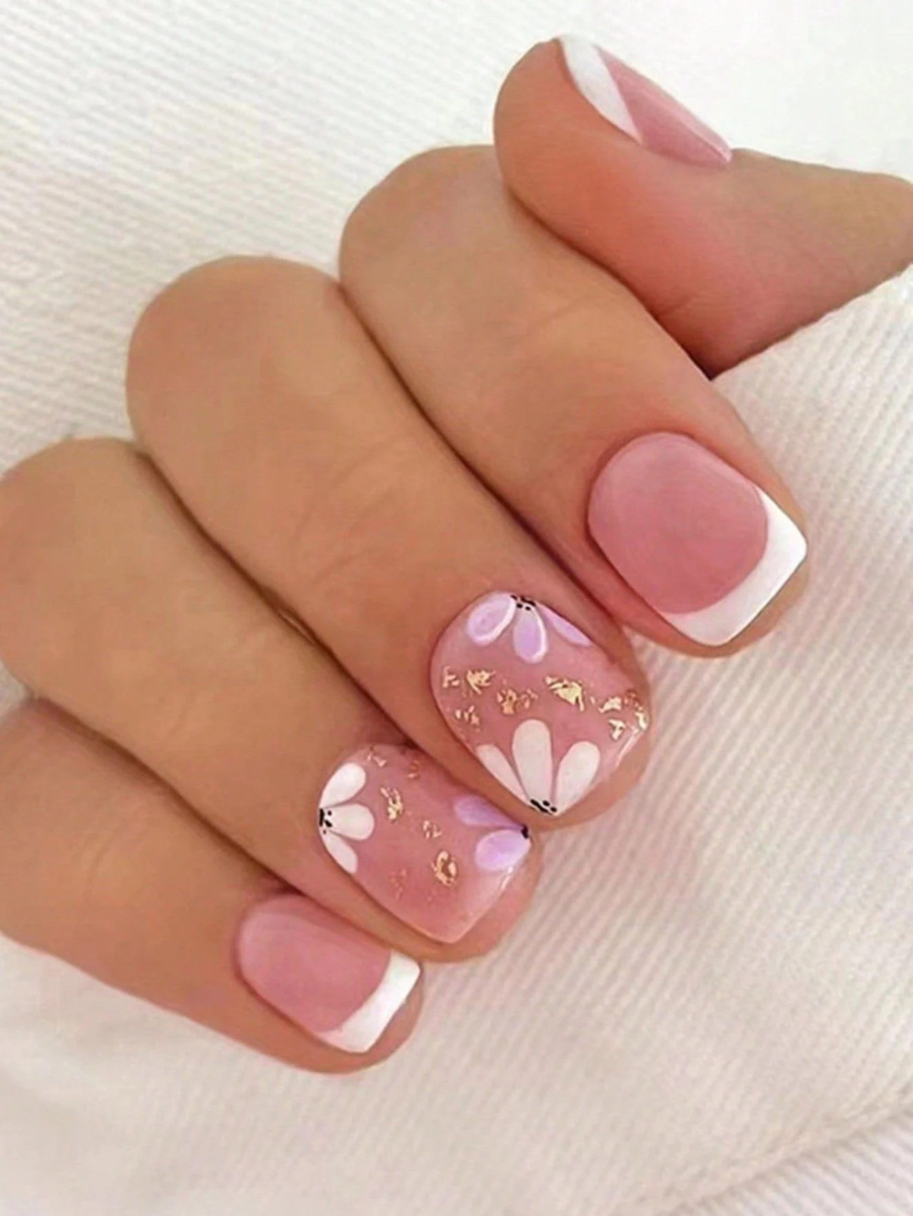 Charming Pink French Tip & Floral Gold Flake Nail Art Ideas