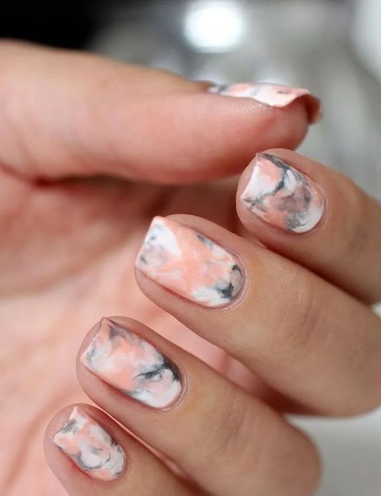 Chic Peach & Grey Marble Swirl Nail Art Design for Short Nails