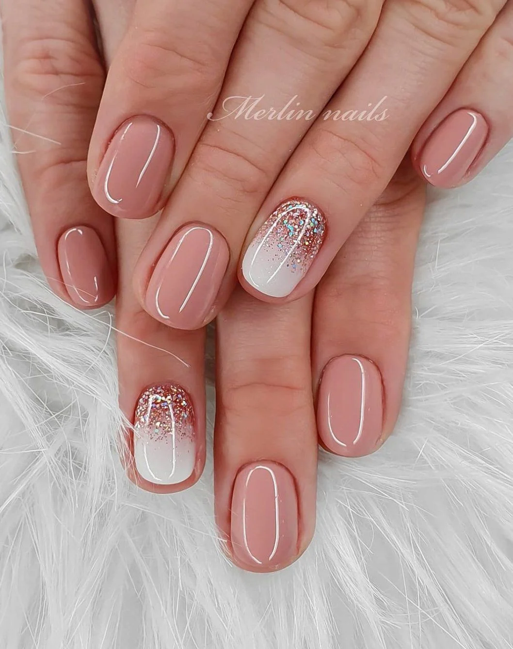 Elegant Nude & White Glitter Ombre Nails for Short Oval Shape