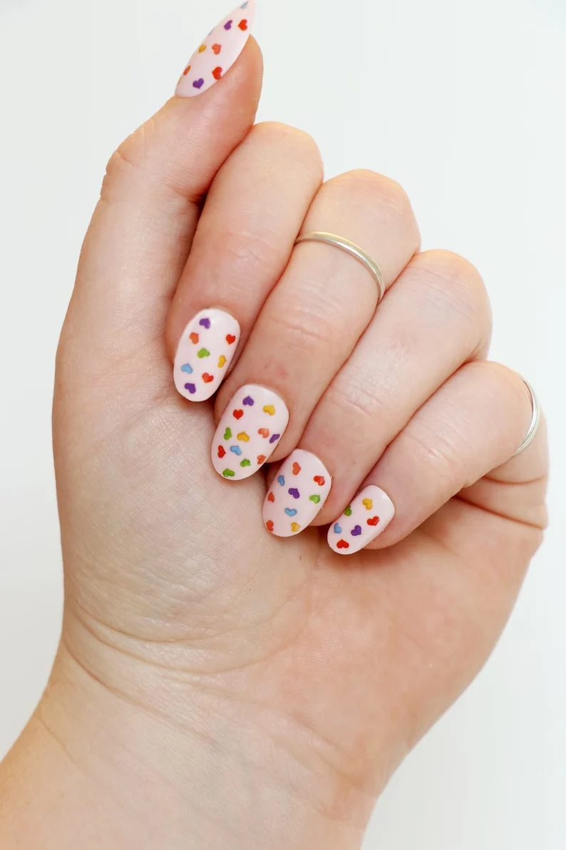 Cute Pastel Heart Nail Art: Playful Multi-Color Design