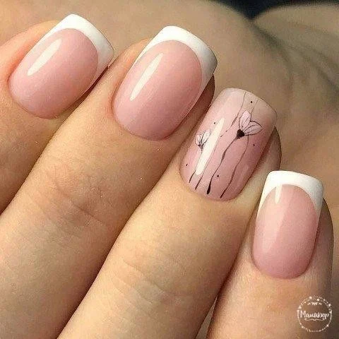 Elegant French Manicure with Delicate Floral Accent Nails