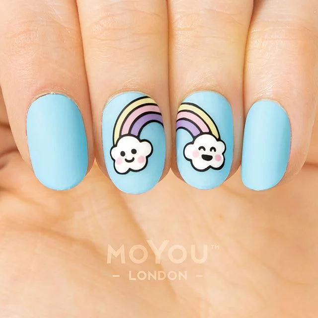 Cute Pastel Rainbow Cloud Nails: Whimsical Matte Blue Mani