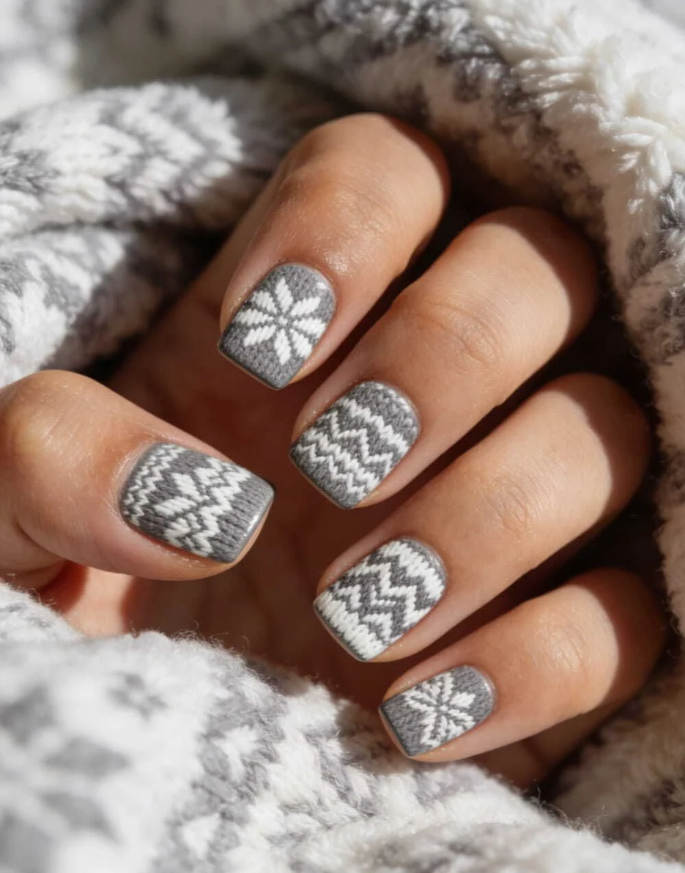 Cozy Grey & White Sweater Nail Art for Short Winter Manicures