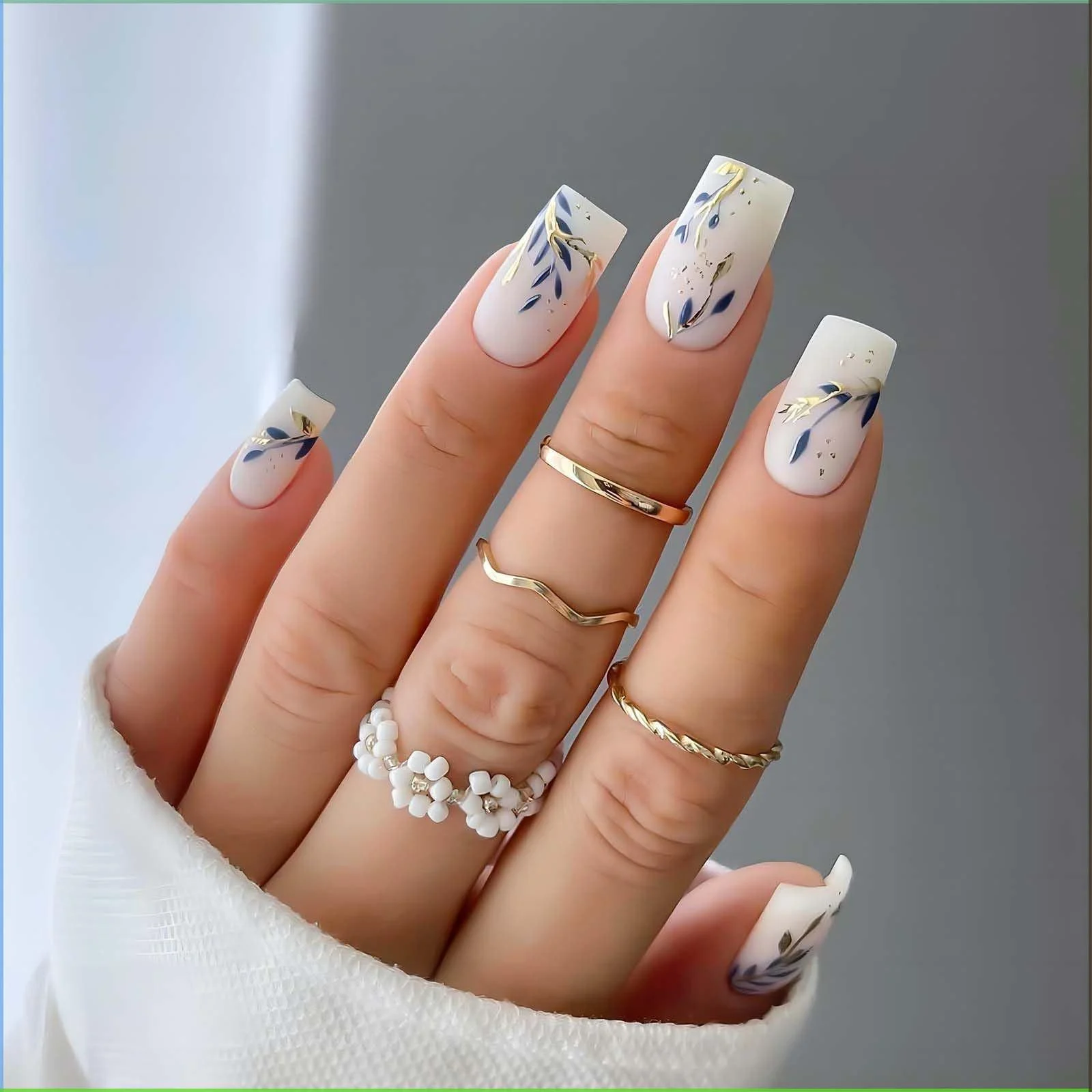 Elegant White Square Nails with Blue & Gold Botanical Art