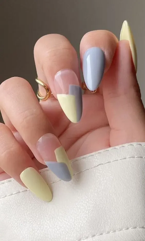 Pastel Geometric Almond Nails: Modern Spring Color Block Design